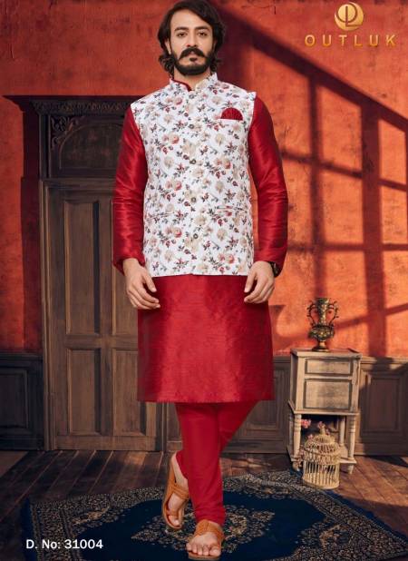 White And Red Colour Exclusive Festive Wear Art Silk Digital Printed Kurta Pajama With Jacket Mens Collection 31004